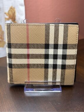 Burberry Beige Plaid Bifold Wallet with Black and Red Accents